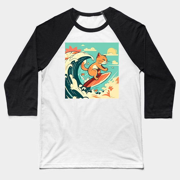 Surfing Tabby Cat Baseball T-Shirt by Kona Cat Creationz